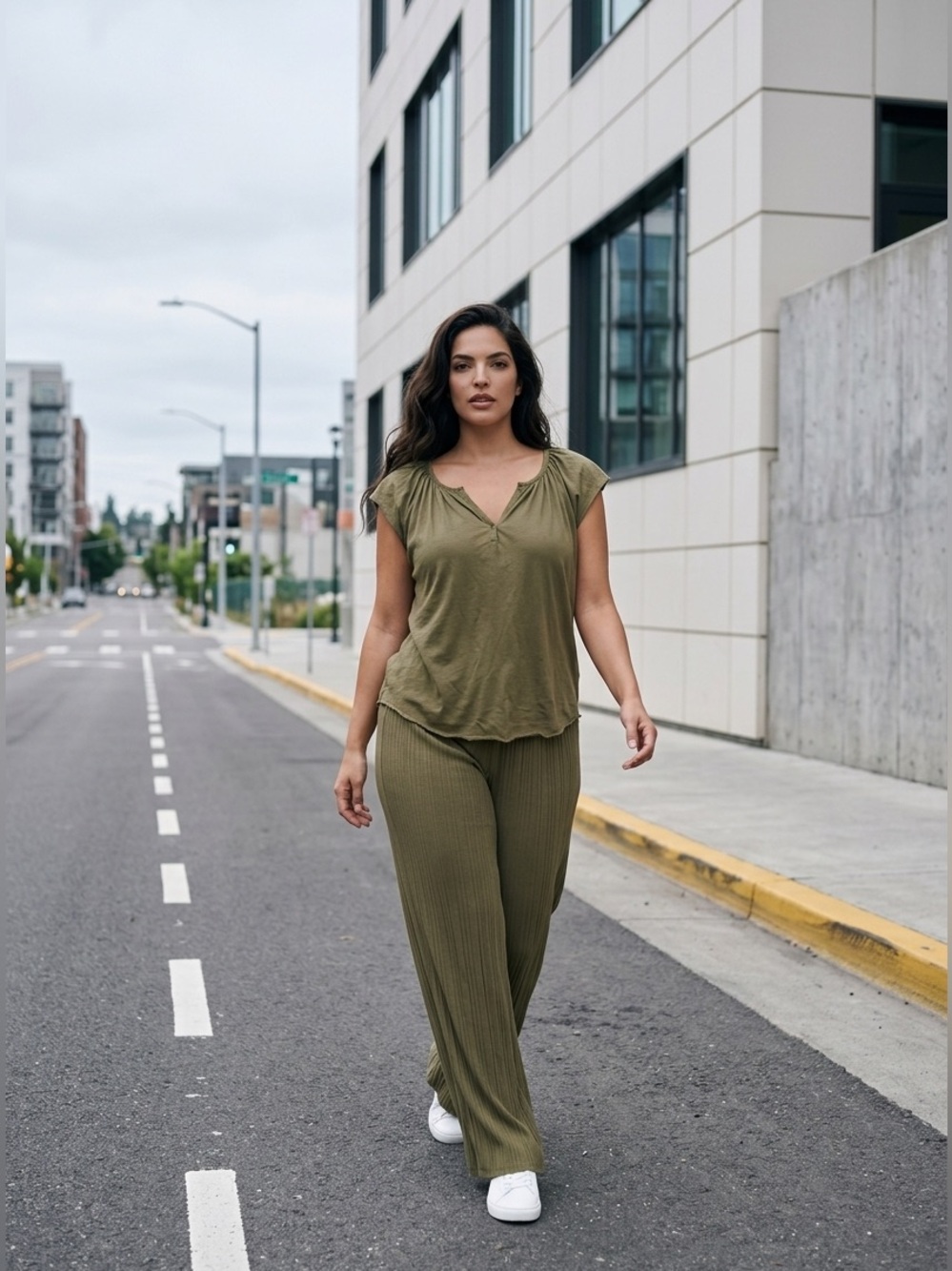 Chaser Olive Green Cap-Sleeve Pleated V-Notch Top